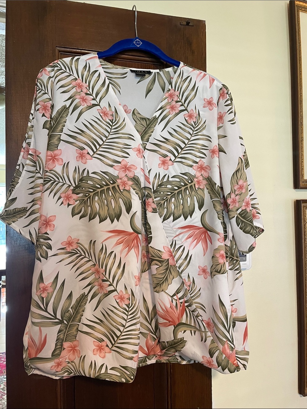 IMAN Tropical Floral Button-Front Tunic in White, Green and Pink